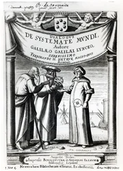 Frontispiece of Dialogus De Systemate Mundi by Galileo, published in Leyden 1635