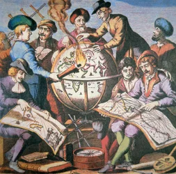 Frontispiece of Dutch Chart Atlas showing a group of cartographers and instruments, c.1710