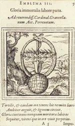 Gloria immortalis labore parta, illustration from Emblemata by Hadrianus Junius, published by Christophe Plantin, Anvers, 1565
