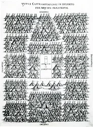 The Encampment of the Israelites in the Desert with the tents of Moses and Aaron, in the centre the Sacred Hearth, published in Holland