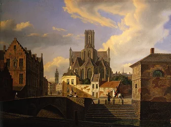 Townscape with a canal, bridge, steps and figures, with a medieval church and the tower of a town hall beyond