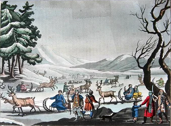 Tungus Leaving Their Winter Camp on Sleighs Pulled by Reindeer