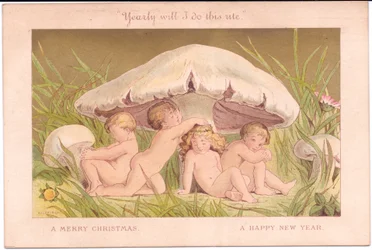 A Victorian Christmas and New Year card of a group of fairy children relaxing under a mushroom, all against a gold background