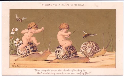 A Victorian Christmas card of two naked babies riding snails escorted by wasps against a gold background