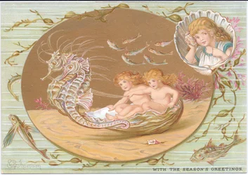 A Victorian Christmas card of two water babies riding in a seashell chariot pulled by a pair of seahorses, all surrounded by seaweed and fish. Also a child, framed in a scallop shell, with a seashell to her ear, listening for the sea, by Gertrude Thompson