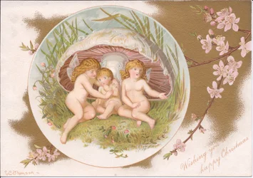 A Victorian Christmas of a group of fairies taking shelter from the rain under a toadstool, by Gertrude Thompson