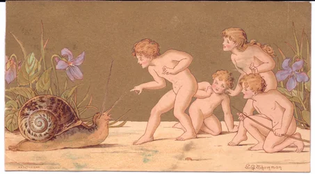 A Victorian greeting card of four naked fairies teasing a snail against a gold background, by Gertrude Thompson