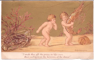 A Victorian greeting card of two water babies by a piece of rope, with a snail and coral on the sea bed, all against a gold background, by Gertrude Thompson