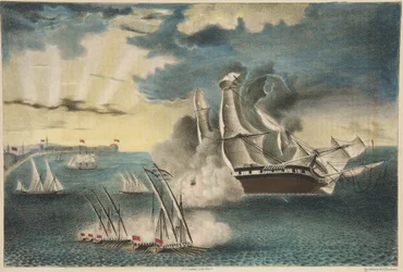 The U.S. Frigate Philadelphia on the rocks off Tripoli from Army and Navy Magazine, pub. 1840