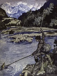 Fishing in a river, c.1900