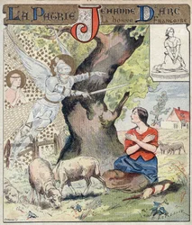 The young Joan of Arc (1412-1431) listening to the voice of angels asking her to come to the aid of France during the Hundred Years War - From a protective sleeve for school books, late 19th century