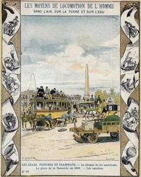 Traffic on Place de la Concorde in Paris in 1869: horse drawn omnibus and tramway line - From a protective sleeve for school books, late 19th century