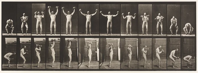 Plate 325. Lifting and Holding Two 50-lb. Dumb-Bells, 1885