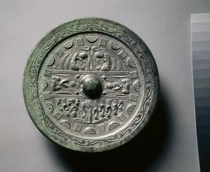 Mirror Featuring Deities and Kings in Three Sections Surrounded by Rings of Squares and Semicircles