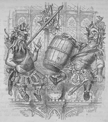 Gog and Magog with a barrel