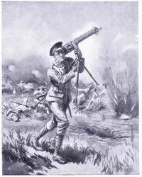Private Lynn carrying away a machine gun for repair under heavy fire at the Battle of Aisne. Awarded DCM 1915