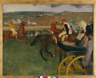 The Racecourse. Amateur Jockeys Near a Carriage
