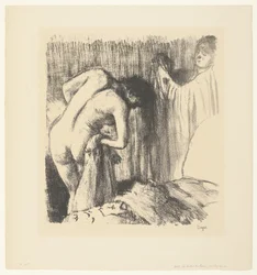 Woman Drying Herself After Bath and Receiving Clothes from Another Woman