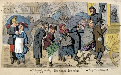 An Omnibus Station in the Rain - Humorous Drawing by Lavrate, Circa 1880