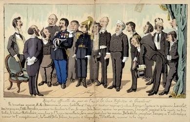 Cartoon on French society by Lavrate: the different figures from the civil service, administrative services at an official reception