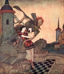 The Prince, looking out, saw him snatch up the Princess and soar rapidly away, illustration from the Serbian fairytale The Story of Bashtchelik, from Edmund Dulac