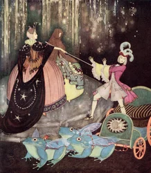 "The Prince took a carriage drawn by three great frogs with great big wings. Truitonne came out mysteriously by a little door", illustration from the French fairytale The Blue Bird, from Edmund Dulac