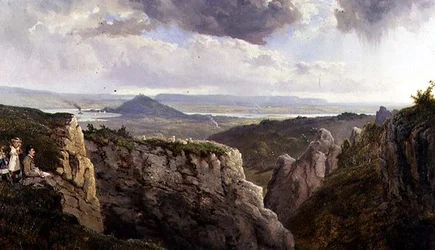 The Elbor Rocks looking towards Glastonbury, with the artist, E.J. Niemann, painted by A.F. de Prades