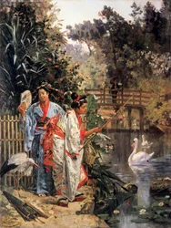 In the Japanese Garden. Two Japanese Women in Kimono with Swans and Fishing.
