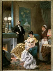 Before the prom. A mother in evening dress breastfeeds her baby before going out with her husband and leaving the baby with the maid. Painting by Édouard Debat-Ponsan (1847-1913). 1886. Museum of Fine Arts, Tours