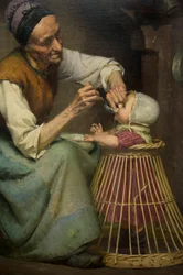 An Old Woman Feeds Her Granddaughter Held in a Wicker Baby Walker