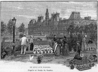 Parisian scene in the 19th century: flower dealers on the flower quay of the Ile de la Cite. In the back, Paris City Hall. Engraving at the end of the 19th century after a drawing by Boudier in The capitals of the world: Paris