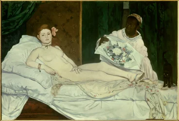 Olympia. Young naked woman on a bed with her Black maid bringing her a bouquet of flowers. Painting by Édouard Manet (1832-1883), 1863. H. 1.3 x 1.9 m, Paris, Musée d