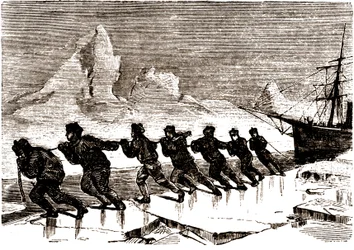 Crew of sailors pulling a sailboat on an ice floe