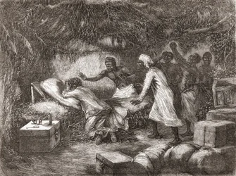 Death of Dr. Livingstone in the village of Tchitammbo, Africa, in 1873, illustration from "The World in the Hands", published 1878