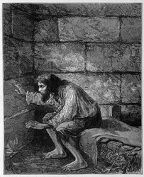 Edmond Dantes, the Count of Monte Cristo in his prison - Engraving by Riou, in 