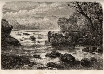 The crossing by the ferry of the Mesacancha River (Lower Peru), engraving by E. Riou illustrating the journey in the mountains, the valley of Huarancalqui and the regions of the Pjonal, from 1862 to 1863, by Paul Marcoy, published in “Le tour du monde” 187