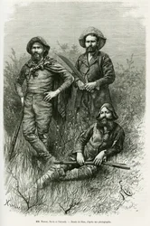 Members of the expedition: Mr. Thouar (lengthening), Mr. Novis (standing left) and Mr. Valverde (standing right). Engraving to illustrate the story Voyage dans le Chaco Boreal.