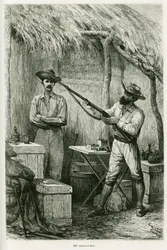 Portrait of the author Victor Giraud, a ship ensign and his traveller, Montagu Kerr, a hunter. Engraving by Riou, to illustrate the story 