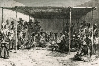 Signing of the treaty that placed the country of Kita under the protectorate of France on 25 April 1880 (engraving by Riou, based on a sketch by the author, to illustrate the story 