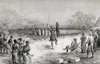Sir Henry Morton Stanley watching a phalanx dance by Mazamboni