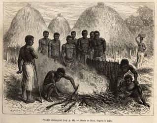 Surgical method used to heal fractures, the wounded is seated in a hole, the leg is bandaged by a leaf, then the pit is filled with mud and covered with buds that are inflamed and heat the fracture, the patient is protected by a mat that serves as a screen