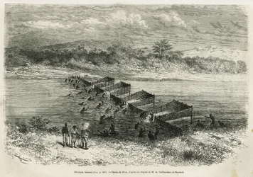 The Fishing Industry on the River Eboga (drawing by Riou, to illustrate the story of a trip to Gabon and the River Ogoue, 1875-1877, by Alfred Marche)