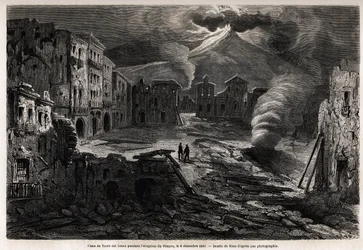 The square of Torre del Greco, during the eruption of the Vesuvius, 8 December 1861, drawing by Riou, to illustrate the walks around Naples by Marc Monnier, in 1862. Engraving in 