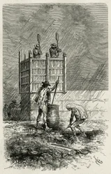 The tapial, an ancient technique of building clay walls using a wooden formwork, compacted by ramming and dried by the sun, engraving by Riou, to illustrate the story L