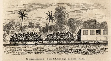 The wagon of the poor on Paraguayan trains, simple platforms attached to the tail of the trains on which passengers pile up on each other after the departure from Asunción station, engraving after the drawing of E. Riou, illustrating the voyage to Paraguay