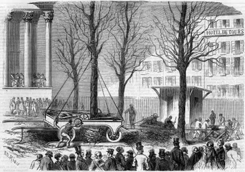 Transplantation of trees on Place de la Bourse in Paris during the winter of 1858. Engraving by Riou in 