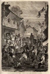 The street of clothing dealers, Kalgan, Mongolia. Illustration for M. de Bourboulon