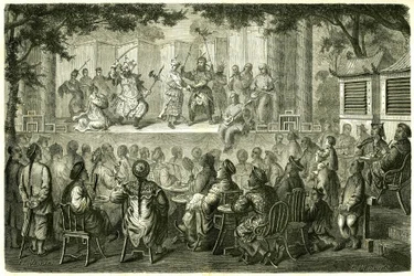 View of a representation of the Opera de Pekin (Beijing), China, after the travel story of Madame de Bourboulon. Engraving after a drawing by Vaumort, in 