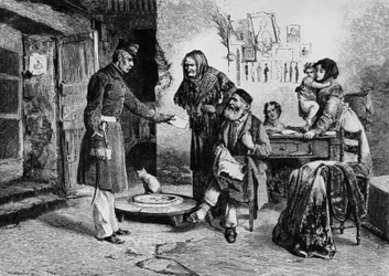 Movable Wealth, Official Delivering Court Order to Tailor Living in Misery, Italy, engraving from drawing by Edoardo Matania, from L