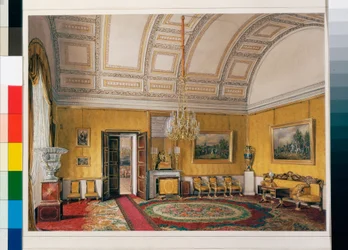 Interiors of the Winter Palace - The Yellow Salon of Grand Princess Maria Nikolayevna - Watercolour on Paper by Eduard Hau